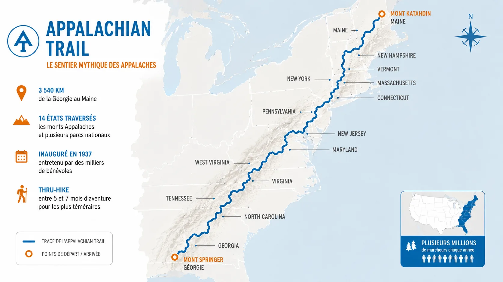 Paysage de l'Appalachian Trail, célèbre sentier de grande randonnée traversant les Appalaches aux États-Unis.