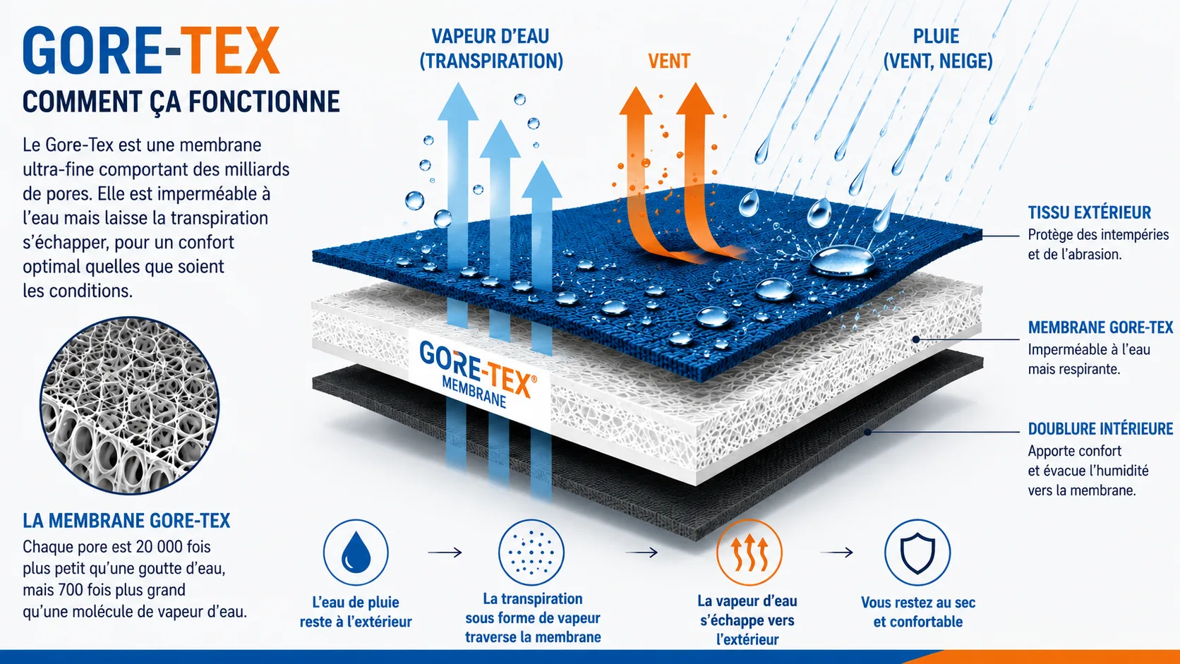 Membrane Gore-Tex utilisée dans une chaussure de randonnée imperméable.