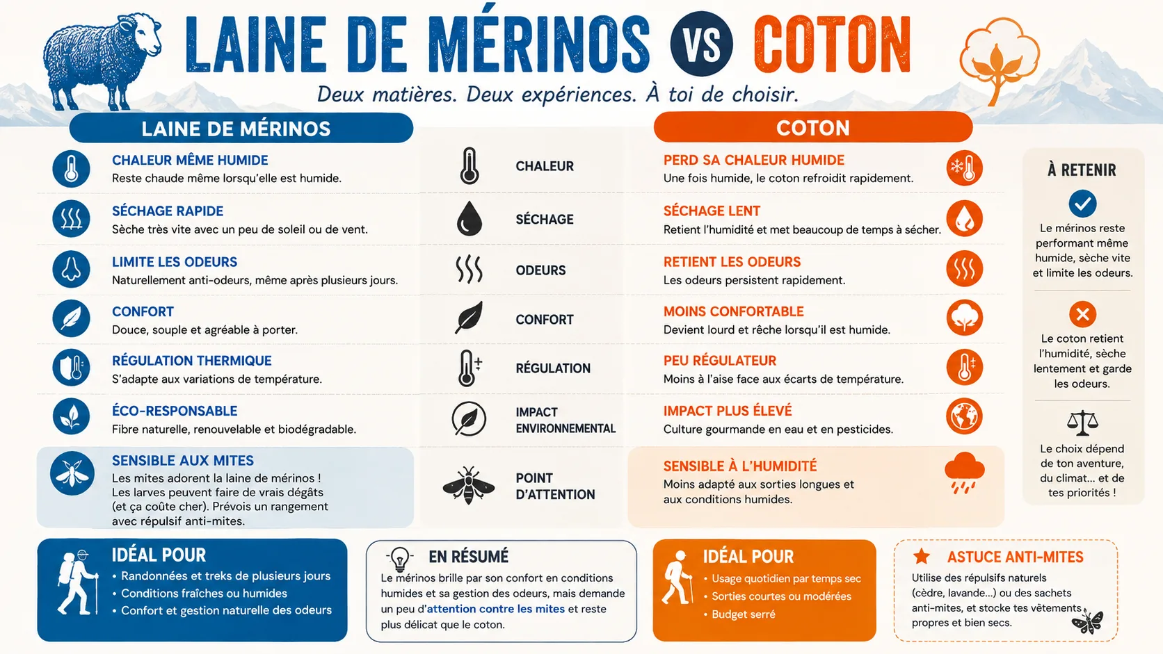 Comparatif entre la laine de mérinos et le coton pour la randonnée