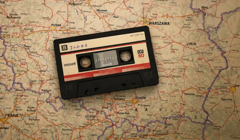 Une cassette audio posée sur une carte d’Europe, symbole de mes souvenirs de voyage liés à la musique