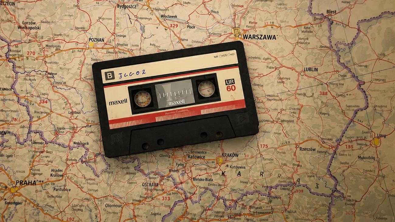 Une cassette audio posée sur une carte d’Europe, symbole de mes souvenirs de voyage liés à la musique
