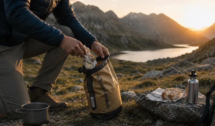 Randonneur rangeant ses déchets après un repas préparé au bivouac
