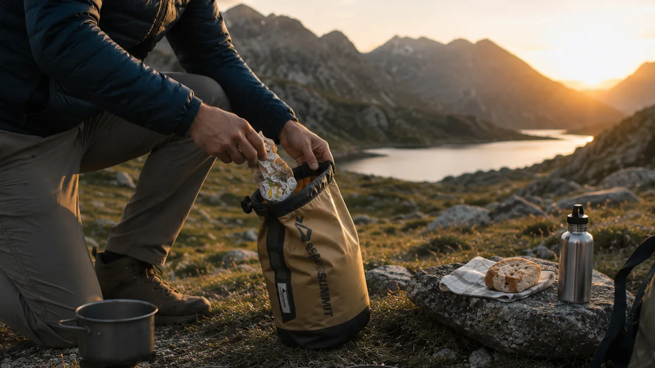 Randonneur rangeant ses déchets après un repas préparé au bivouac