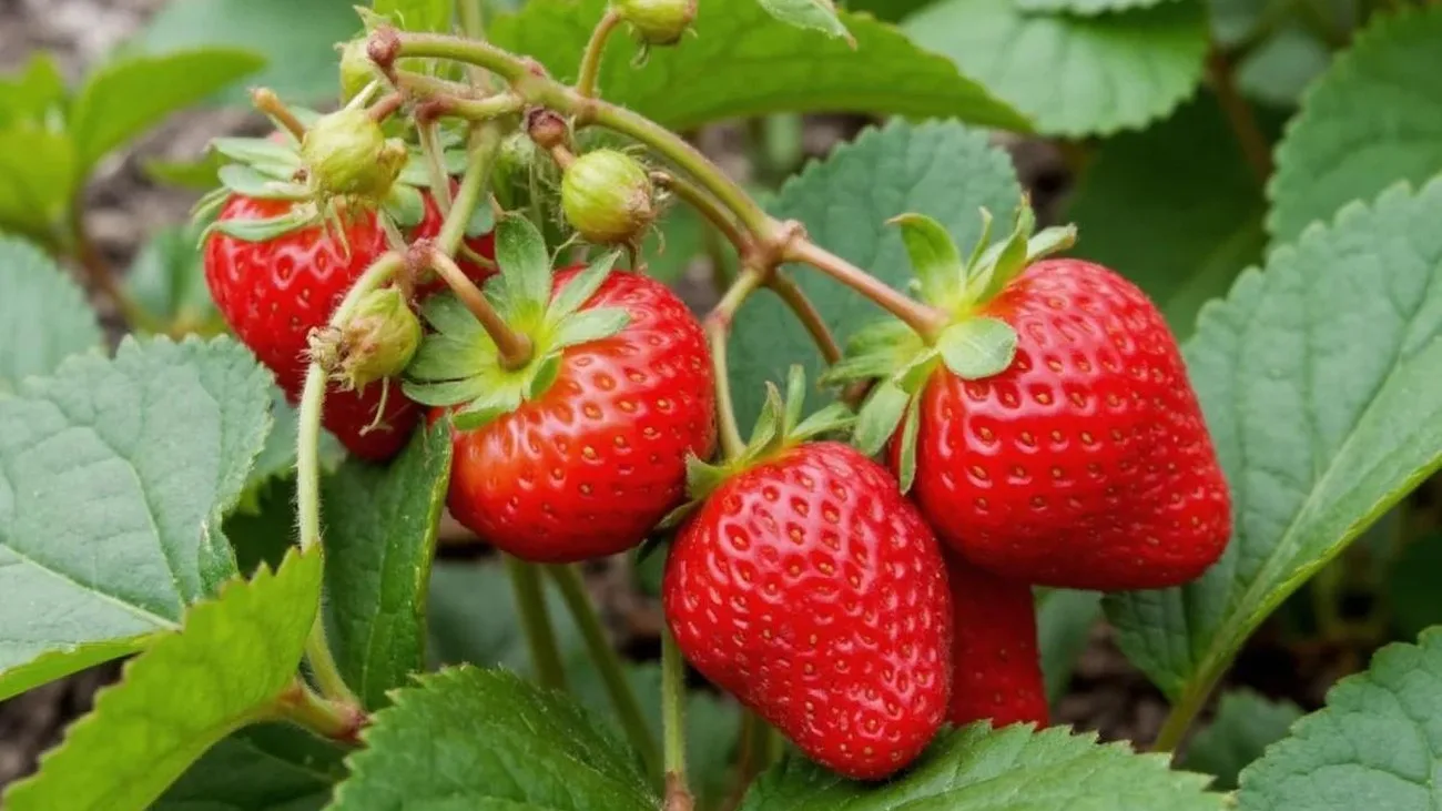 Fraises rouges mûres poussant sur un fraisier