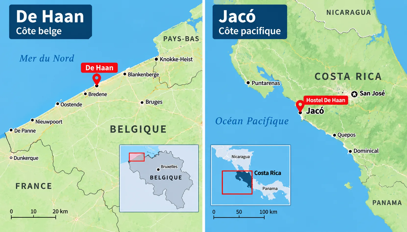 Carte situant De Haan en Belgique et Jacó au Costa Rica