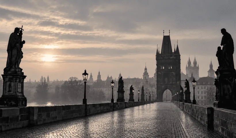 Illustration du pont Charles à Prague dans une atmosphère brumeuse, aux tons presque noirs et blancs, en hommage à Never Tear Us Apart d'INXS.