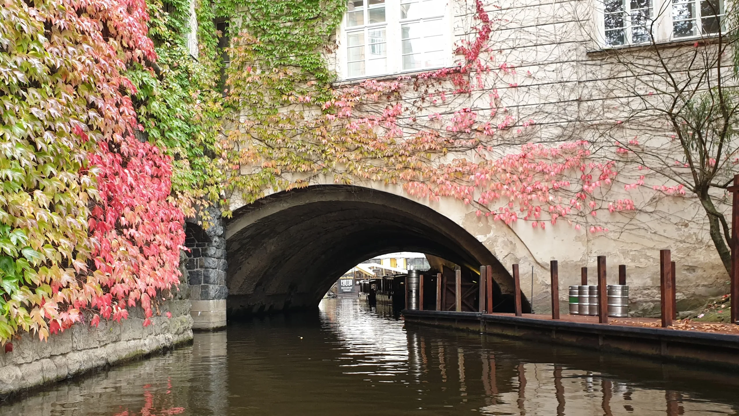 Canal de la Čertovka à Prague, passant sous une arche de pierre bordée de façades couvertes de vigne vierge aux couleurs automnales.