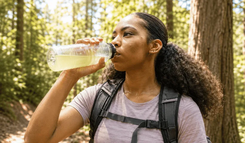 Randonneuse buvant une boisson isotonique pendant l’effort