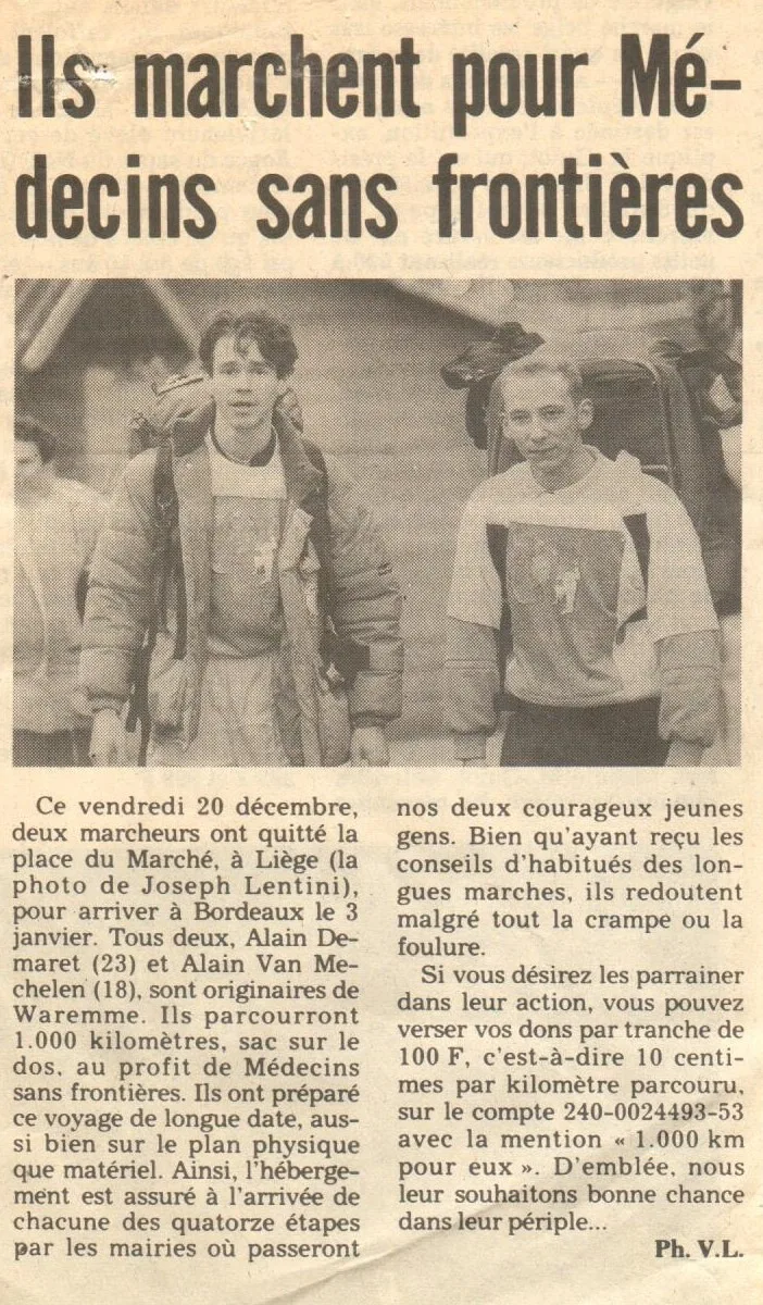 Article de presse de 1991 : Alain et Alain marchent mille kilomètres pour Médecins sans frontières